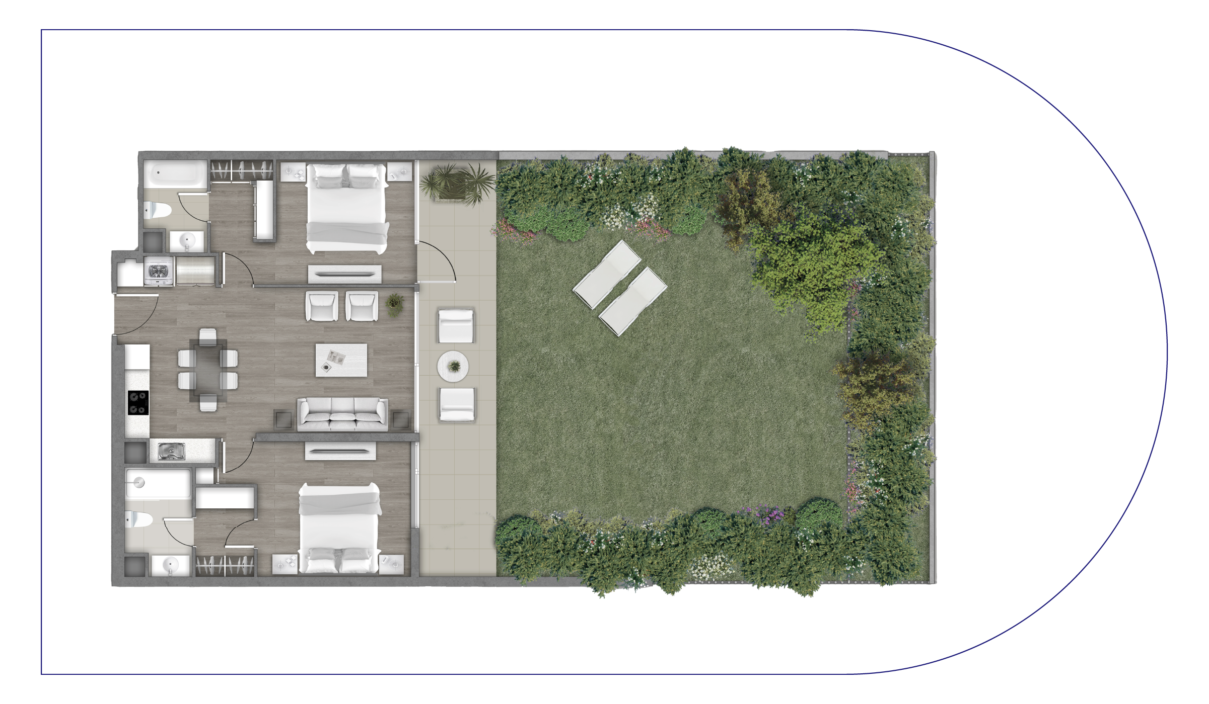 Planta Tipo B2 2 D + 2 B + Jardín Privado